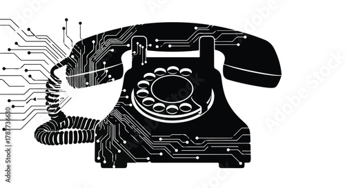 Retro telephone integrated with futuristic circuit board for a blend of old and new technology.
