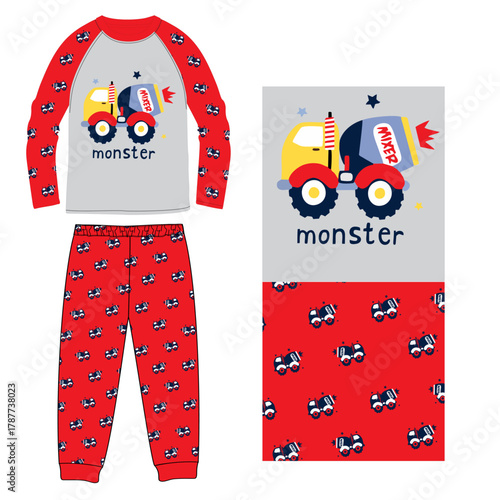 long pant long t shirt monster truck print vector