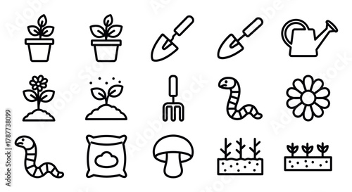 A collection of line art icons depicting various gardening tools, plants, sprouts, flowers, and other elements related to horticulture and nature.