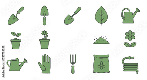 A collection of green gardening tools and plant icons, including shovels, watering cans, potted plants, gloves, and soil, on a white background.