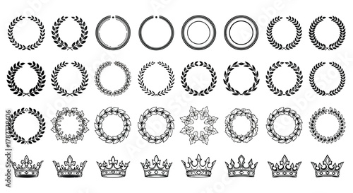 Vector art of set of hand drawn laurel wreaths and crowns collection of vintage heraldic elements for logo design, wedding invitation, greeting card