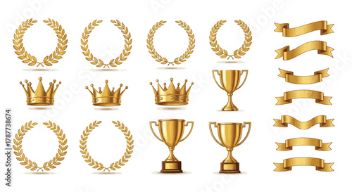 Vector art of golden laurel wreath, crown, trophy cup and ribbon set of award and success elements for logo design, certificate, greeting card