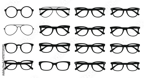 Vector art of collection of glasses set of different glasses silhouette for logo design, optician shop, vision correction or fashion