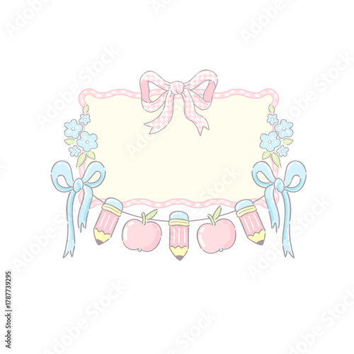Grandmillennial Coquette School Frame. Pastel Pink and Blue Floral Classroom Label with Bows, Apples, and Pencils