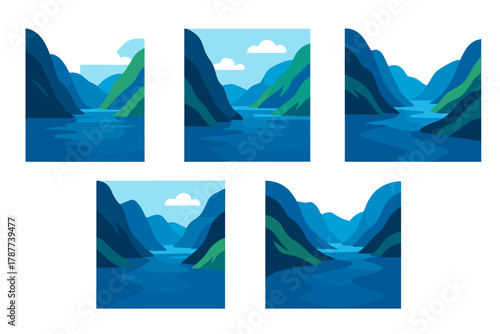 Mountain landscape with deep blue water body and layered hills