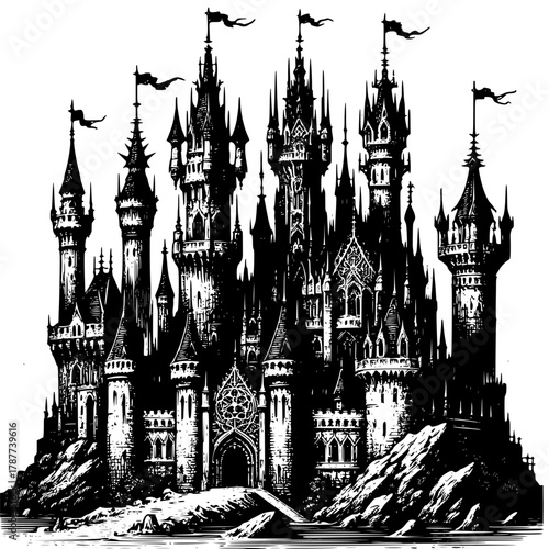 Mystical Realm: A dark, gothic castle, perched atop a rocky hill, evokes a sense of mystery and grandeur, with its towering spires and intricate details.