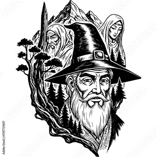 Mystical Wizard's Wisdom: A wise wizard with a long beard and a tall hat, flanked by other figures against a backdrop of mountains and forests.