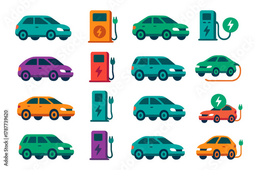 Set of colorful electric vehicle charging station icons with various car types