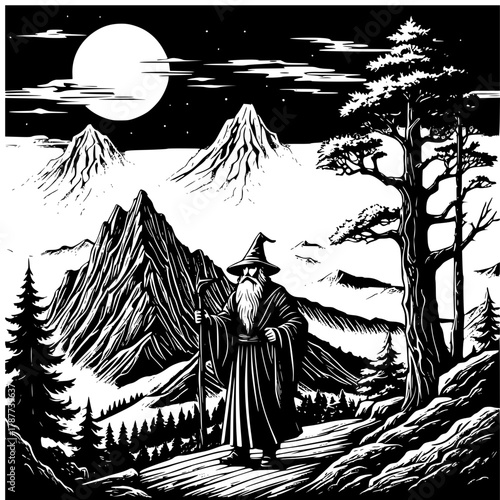 The Wizard's Watch: A wise old wizard stands amidst a majestic mountain landscape, bathed in the soft glow of moonlight, staff in hand, as he contemplates the mysteries of the night.