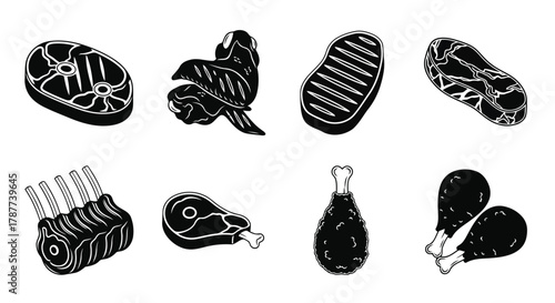Vector art of collection of various meat cuts steak, chicken wings, ribs, drumstick, and other delicious meat products in black and white style