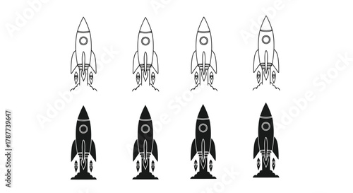 Vector art of set of rocket launch icons spaceship taking off, startup concept, exploration, and space travel in black and white style
