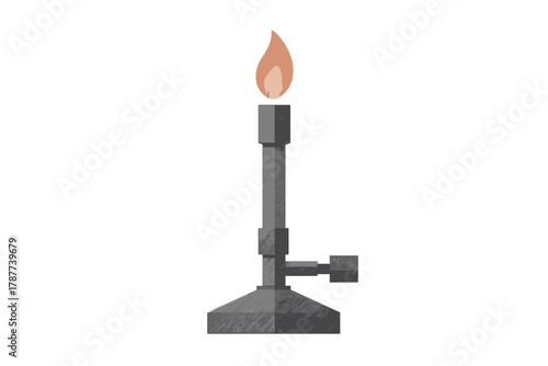Laboratory Bunsen burner with lit orange flame isolated on white background