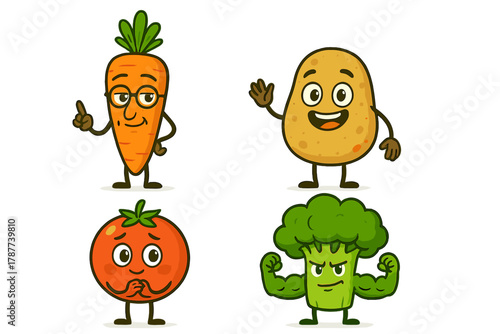 Four funny cartoon vegetable characters with expressive faces