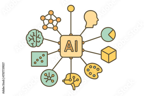 Technology concept diagram featuring brain and digital icons for cognitive functions