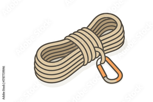 Coiled climbing rope with attached carabiner clip icon