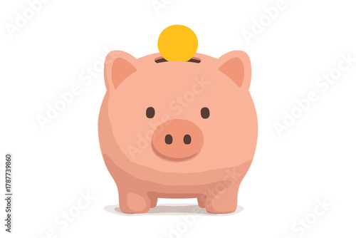 Charming pink piggy bank receiving a golden coin for savings concept