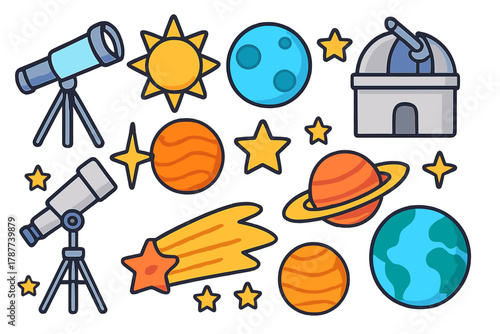 Collection of cute astronomy icons including telescopes and celestial bodies