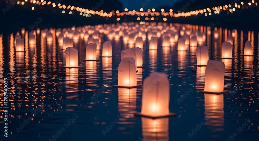Fototapeta premium Floating lanterns illuminate a tranquil lake at night, creating a magical atmosphere.