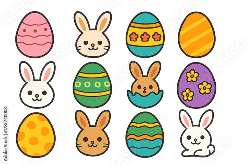 Collection of cute Easter bunny faces and decorated eggs