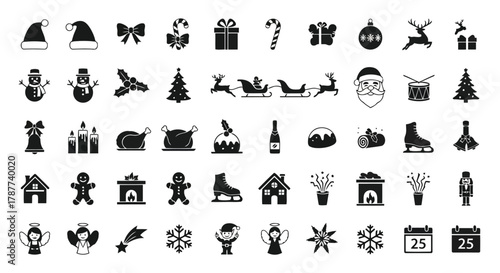 Vector art of set of christmas icons, , featuring holiday symbols like santa, reindeer, tree, snowman, and other festive elements