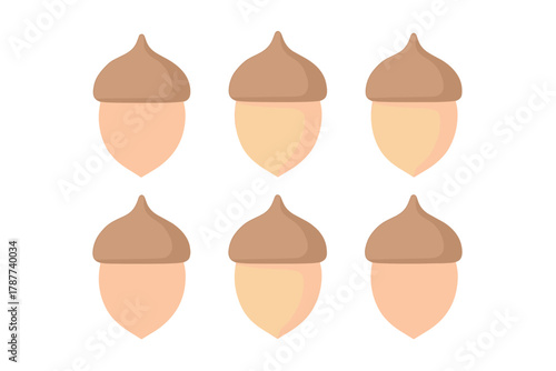 Set of six stylized acorn icons with varying shades of brown and beige