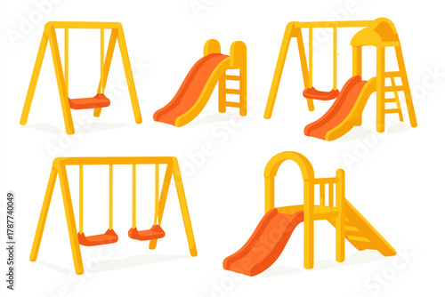 Collection of yellow and orange playground equipment featuring swings and slides