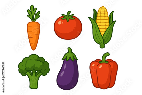 Set of six colorful cartoon garden vegetables icons isolated on white background