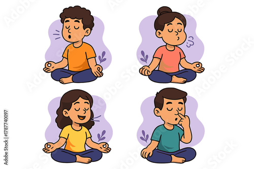 Diverse children practicing various breathing exercises in lotus pose