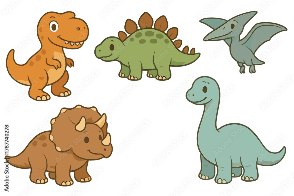 Obraz premium Set of five cute cartoon dinosaurs including tyrannosaurus triceratops stegosaurus pterodactyl and sauropod