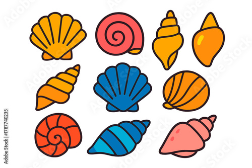 Colorful cartoon icons of various seashells and sea shells