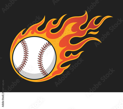 Baseball on fire flaming fastball effect, showing power, speed, and strength with explosive motion, energetic athlete performance, and dynamic sports theme illustration.