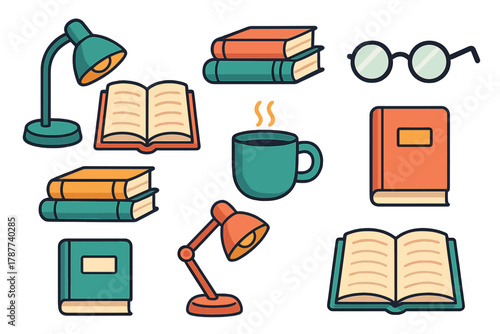 Set of icons for reading, studying, and relaxation with books and coffee