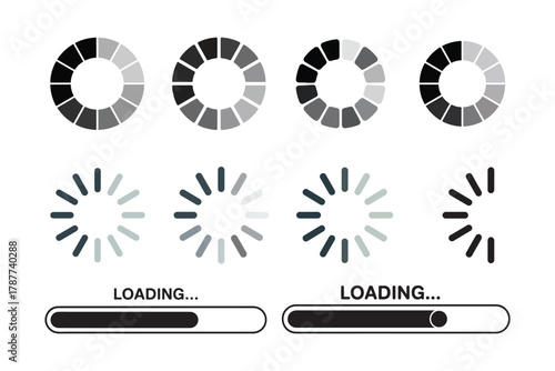 Loading bar icons. Set loading bar progress icon. Loading status on white background. 