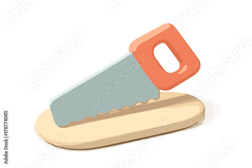 Stylized hand saw cutting wooden plank icon graphic