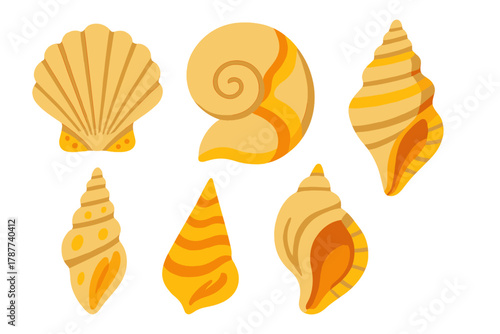 Six stylized yellow and orange seashells and conch shells