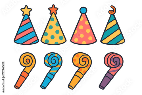 Colorful assortment of party hats and blowouts for festive celebrations