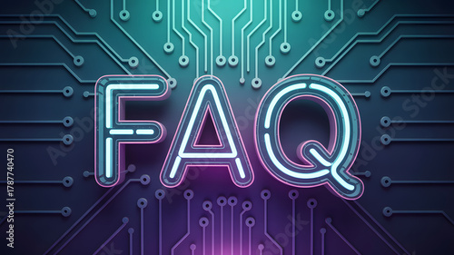 Stunning neon FAQ sign glowing against a vibrant circuit board, perfect for tech support and informational content.