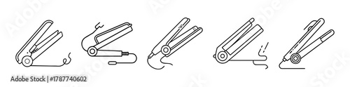 Hair straightener line icons set: flat iron styling salon tools