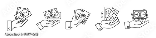 Money transactions, hands holding dollar banknotes outline icons