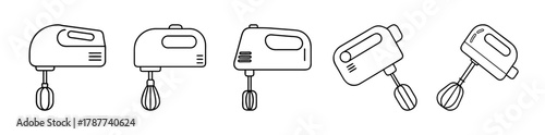 Set of hand mixer outline icons, kitchen appliance for baking food.