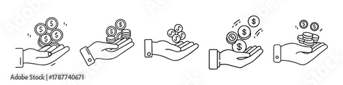 Hands receiving and holding dollar coins, financial line art icons