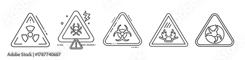 Hazard warning line icons: radiation, biohazard, bug, fire, virus.