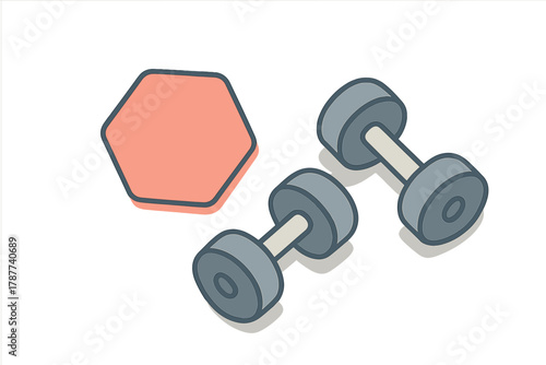 Isometric dumbbells next to blank hexagonal shape for fitness design