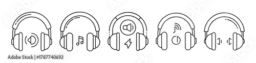 Headphones line art icons set: music, audio, sound, volume controls