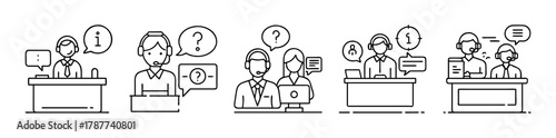 Call center, customer support, and helpdesk line art icons pack.