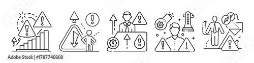 Business risk, warning, alert, and challenge concept line art icons.