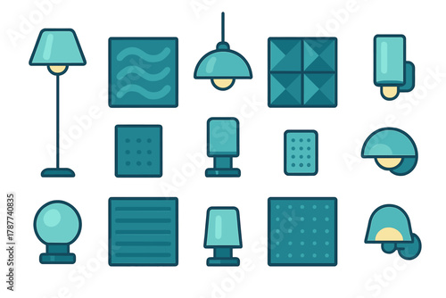 Modern teal and blue lighting fixtures and abstract decorative wall panels