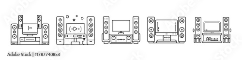 Home theater system line icons set with television and speakers