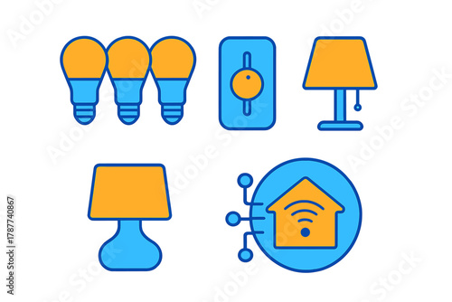 Smart home lighting control icons featuring bulbs and various lamps