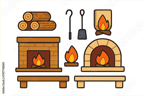 Assortment of fireplace icons with wood logs and essential heating tools